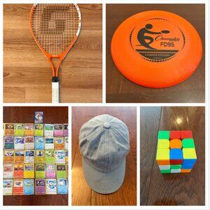 Junior Tennis Racquet/Champion Flying Disc/Pokemon Cards/Kids Cap/Rubik's Cube